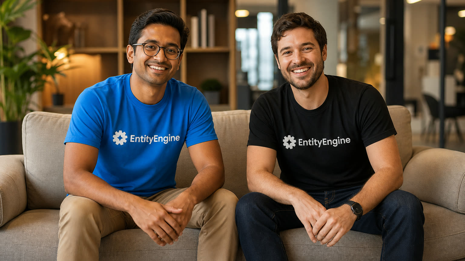 Fictional startup founders wearing EntityEngine shirts, representing the ownership records founders need before filing an 83(b) election.
