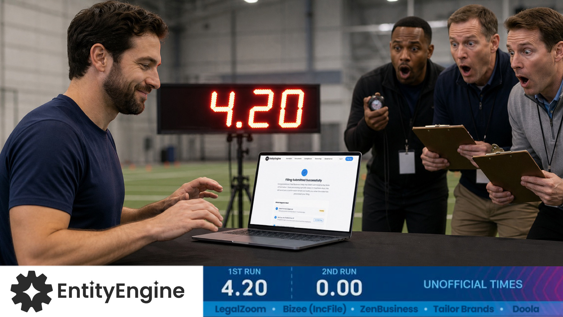 Founder in an EntityEngine athletic shirt using a guided laptop chat as a 4.20 timer and shocked scouts illustrate fast business formation.