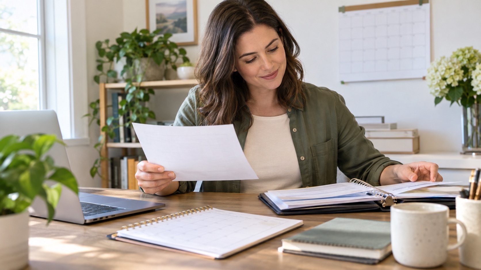 Small-business owner reviewing a compliance calendar and company records at a desk.