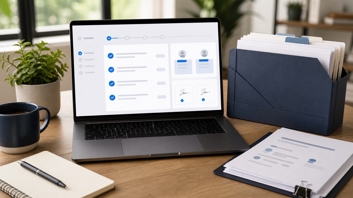 Laptop showing an abstract LLC operating agreement workflow beside organized company records and signed documents.