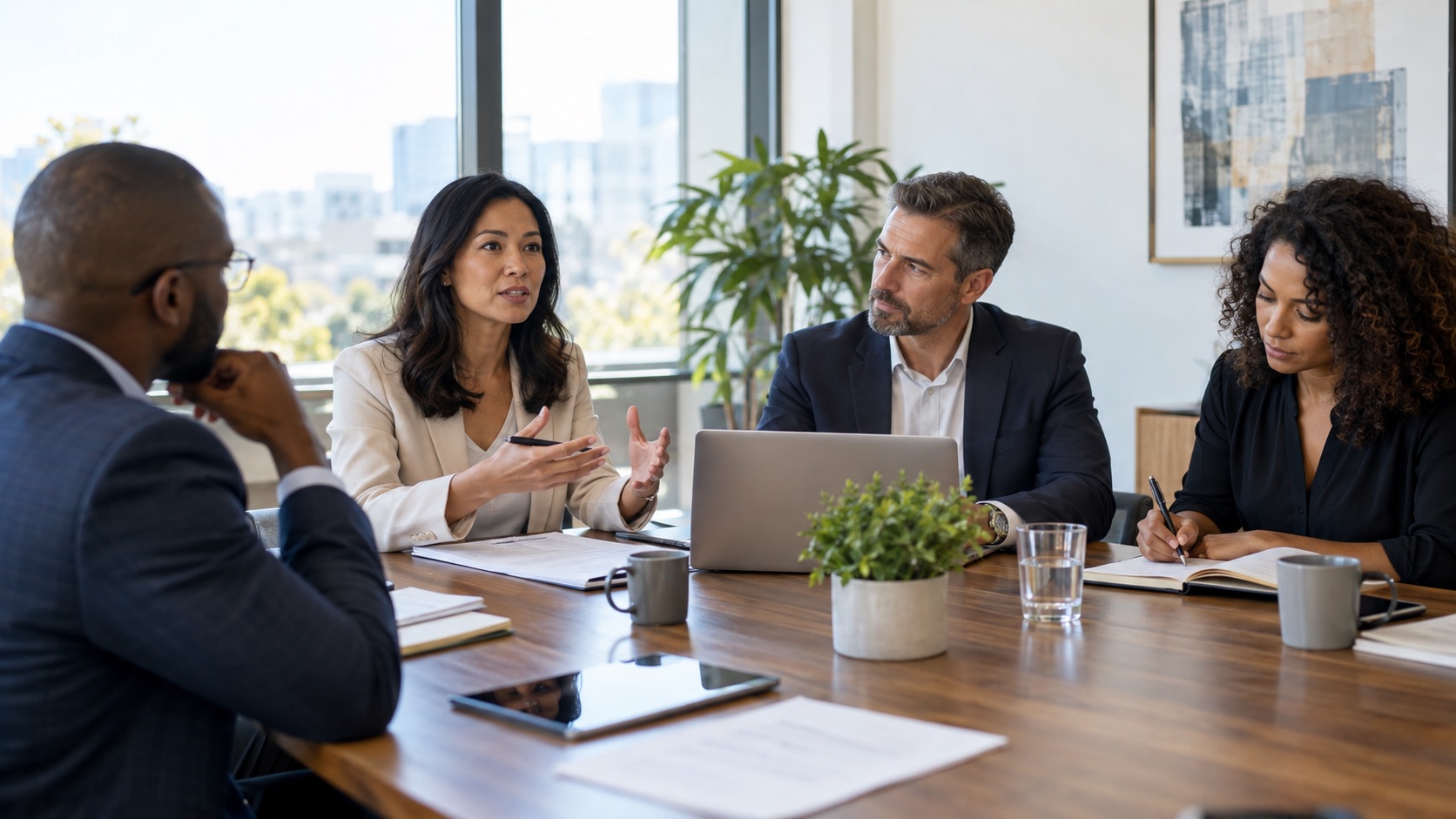 Leadership team using an agenda and notes in a focused conference-room meeting.