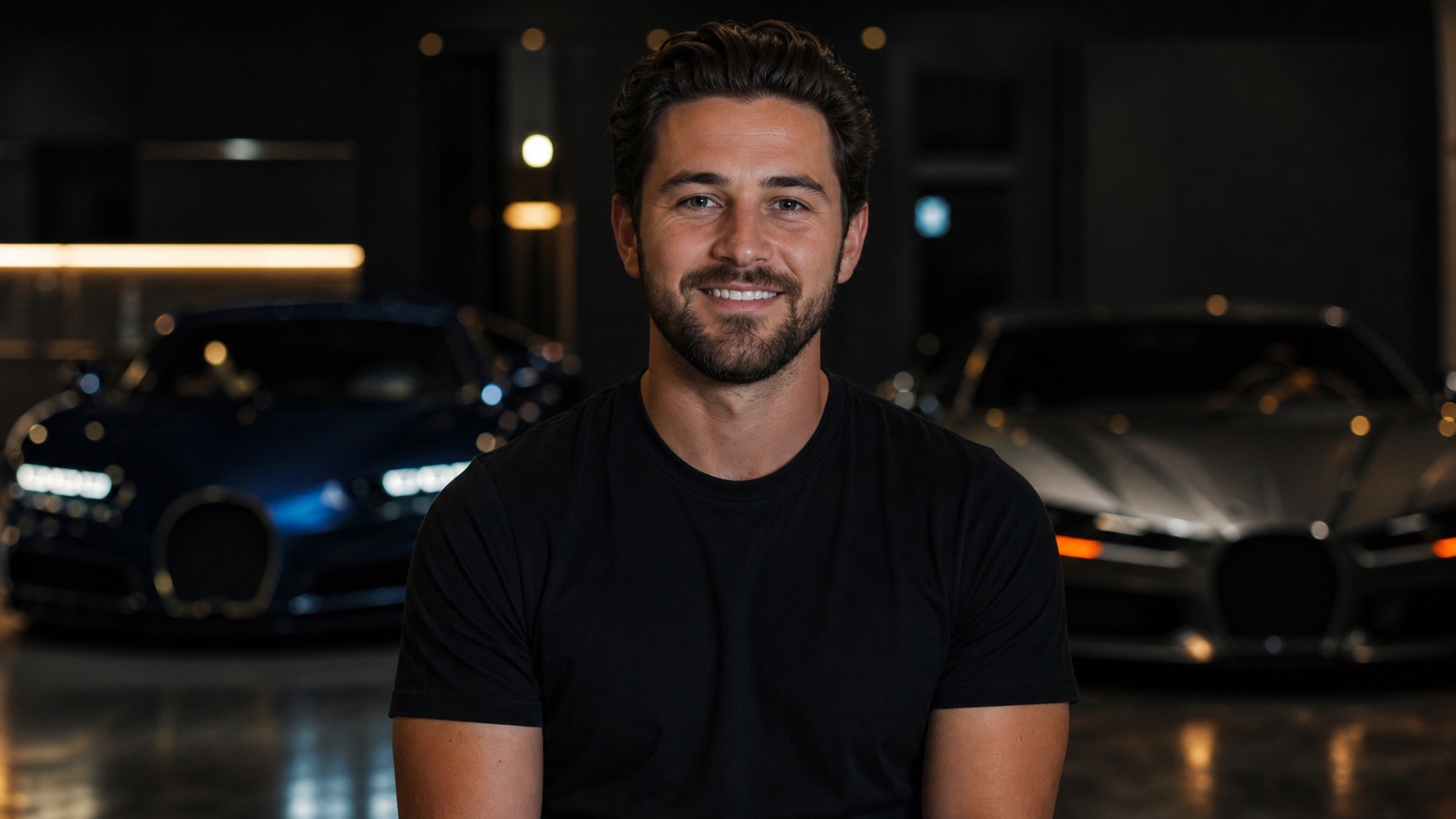 Smiling tech founder being interviewed in a dark garage with blurred exotic cars behind him after a major startup exit.