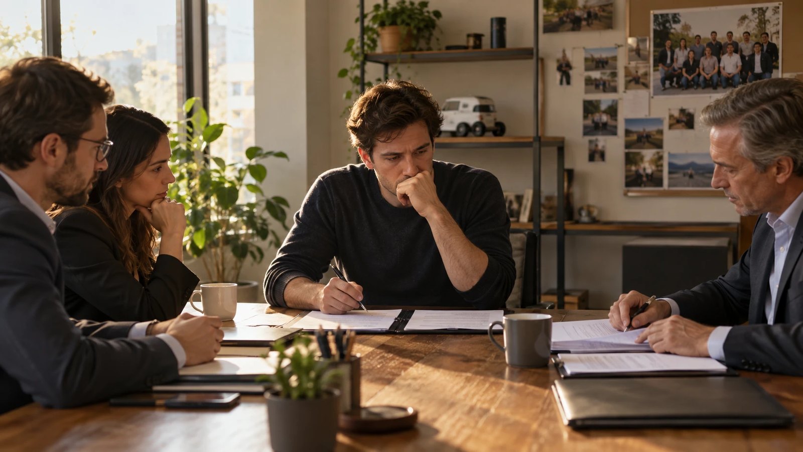 Four people go over and sign papers at a wooden table while the person in the middle, a hand over their mouth, looks worried about proving what the company owns.