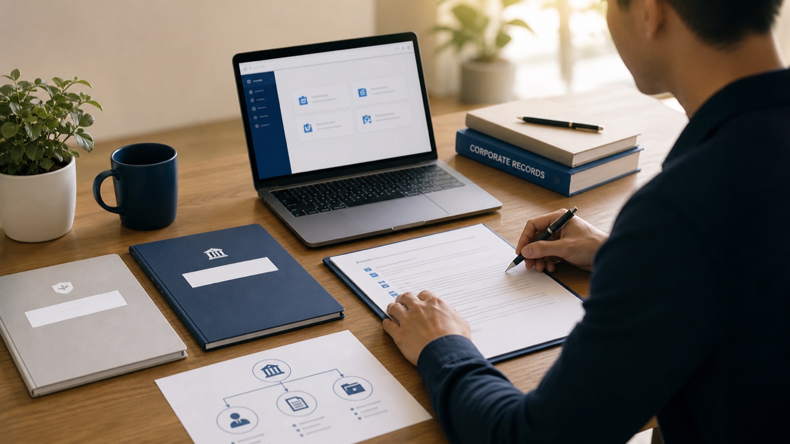 Solo founder organizing Delaware corporation records, stock documents, and formation files at a desk.